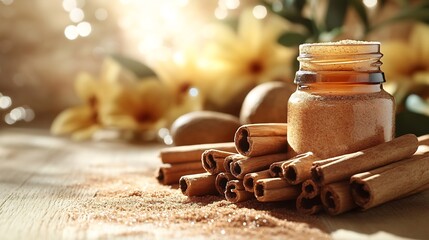 Poster - Vibrant arrangement of cinnamon aromatic essential oil and cinnamon sticks set against a light beige wooden background illuminated by soft natural light evoking a fresh spa concept with copy space