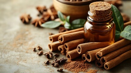 Poster - Vibrant arrangement of cinnamon aromatic essential oil and cinnamon sticks set against a light beige wooden background illuminated by soft natural light evoking a fresh spa concept with copy space