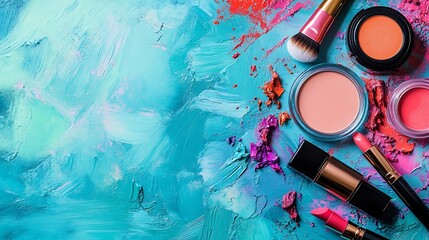 Poster - Vibrant beauty background showcasing facial cosmetics like lipsticks moisturizers and foundations artistically arranged set against a bright backdrop with space for text to engage beauty enthusiasts