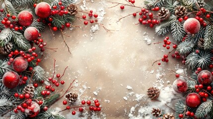 Wall Mural - Festive winter decoration featuring red berries, ornaments, and pine branches on a snowy background. Generative AI