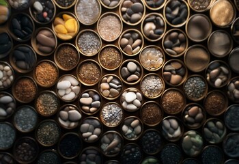 Poster - A close-up of a collection of round, polished, gold-rimmed containers filled with smooth stones, pebbles, and sand.