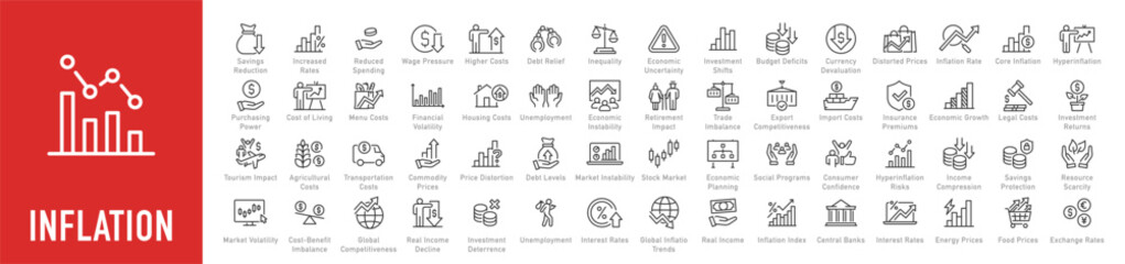 Inflation web icons in line style. Crisis, economic, unemployment, hyperinflation, inflation rate, scarcity, price increase, money, investment, depreciation, energy, transportation, collection. Vector