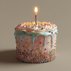 Fototapete - Vibrant birthday cake with a single glowing candle on top against a plain background The cake has colorful frosting and sprinkles adding a festive feel with plenty of space around it
