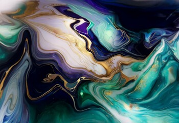 Aufkleber - Abstract swirl of blue, green, purple, and gold paint.