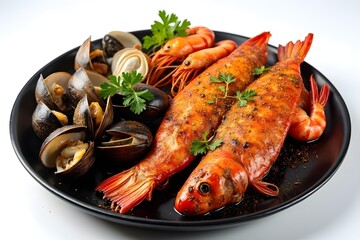 Seafood grilled on plate isolated on white background