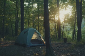 camping tent illuminated by the warm sunlight in the forest