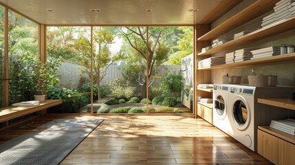 Wall Mural - Bright and airy laundry room overlooking a serene garden in a modern home, filled with natural light and greenery. Generative AI