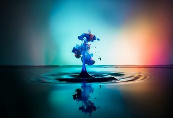 Poster - A blue and red ink drop creates a mesmerizing, abstract shape as it falls into a body of water. The water ripples outward from the impact, creating a circular pattern.