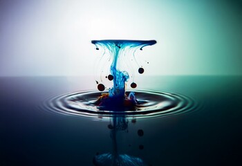 Poster - A blue ink drop creates a mushroom cloud effect in a clear liquid.