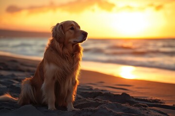 A golden retriever sits on a sandy beach during a beautiful sunset, gazing thoughtfully towards the horizon at peace.