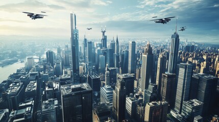 Aufkleber - A futuristic city skyline with flying cars and advanced skyscrapers, Urban style, photo of