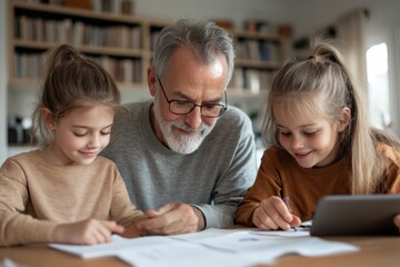 A nurturing grandfather helps two granddaughters with their homework at a table, highlighting the importance of education and family support in a cozy home environment.