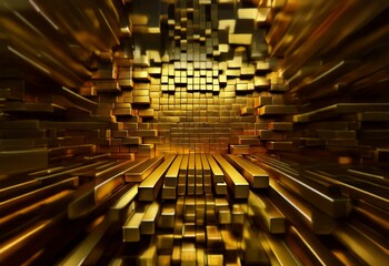 Poster - A 3D rendering of gold bars arranged in a textured pattern, forming an abstract shape.