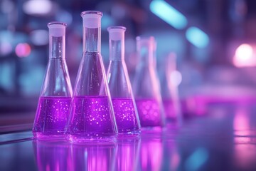 Poster - Colorful laboratory flasks with glowing purple liquid during a scientific experiment at night