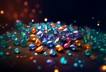 Poster - A cluster of colorful gemstones with bright, reflective surfaces rest on a dark, blurred background.
