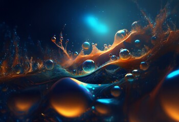 Fototapete - Abstract art with orange, blue and black colors of textured shapes and water droplets.