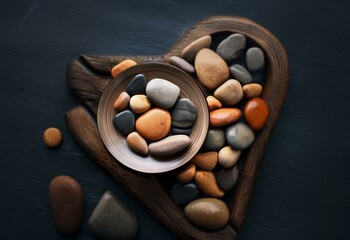 Poster - A collection of smooth stones arranged in a wooden heart-shaped dish with a bowl of stones in the center.