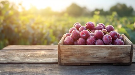 Poster - Wooden box brimming with juicy plums resting on a table with a sunlit green field in the background offering an inviting area for text
