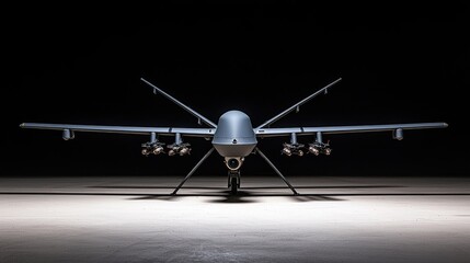 A military drone with weapons attached, facing the camera, on a runway.