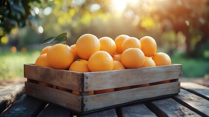 Poster - Wooden box brimming with ripe oranges on a rustic table set against a lush green field under a bright sunny sky creating a warm and inviting space for text