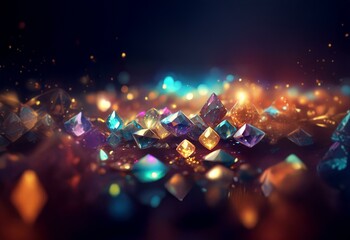 Poster - A cluster of colorful, geometric gems with a glowing, glittering effect on a dark background.