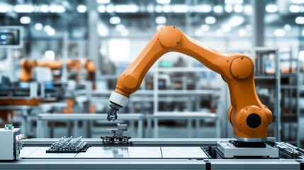 Poster - A futuristic robotic arm assembling intricate components on a high-tech assembly line, clean and orderly industrial setting, Industrial style