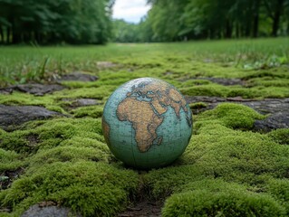 Wall Mural - gaia's emerald cradle: a miniature globe nestled in nature's verdant embrace, symbolizing earth's de