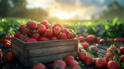 Poster - Wooden box overflowing with juicy strawberries resting on a table with a sunny green field stretching out in the background providing perfect space for text