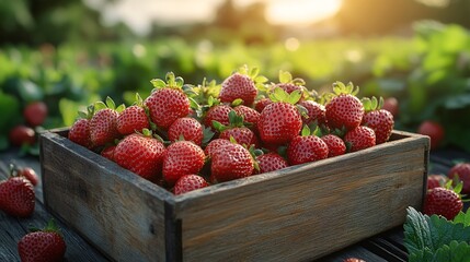 Poster - Wooden box overflowing with juicy strawberries resting on a table with a sunny green field stretching out in the background providing perfect space for text