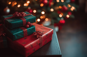 Wall Mural - Christmas Gifts Wrapped in Red and Green with Bokeh Lights in Background (christmas-tree)