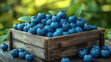 Poster - Wooden box overflowing with vibrant blueberries on a rustic table set against a green field on a sunny day leaving ample room for text