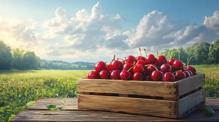 Poster - Wooden crate filled with bright red cherries on a table with a lush green field stretching out in the background on a sunny day ideal for adding text