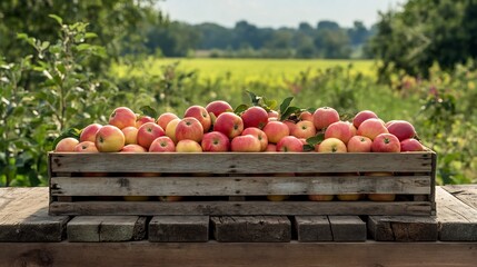 Poster - Wooden crate filled with freshly picked apples sitting on a wooden table with a vibrant green field in the background on a sunny day leaving ample room for text