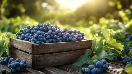 Fototapete - Wooden crate filled with plump grapes on a wooden table against a sunny green field providing a fresh and open space for text