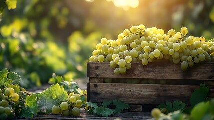 Poster - Wooden crate filled with plump grapes on a wooden table against a sunny green field providing a fresh and open space for text