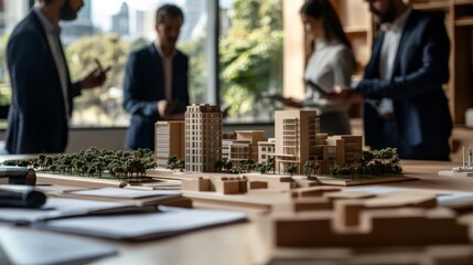 Wall Mural - A modern architectural model is displayed on a table, with professionals discussing plans in the background, showcasing urban development and collaboration.