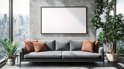 Sticker - Modern Living Room with City View and Blank Wall Art