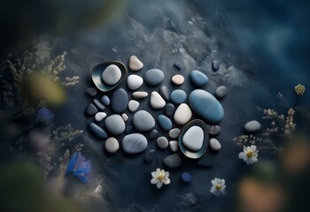 Poster - Smooth river stones of varying shades of blue and gray are arranged in a cluster on a dark blue textured surface.