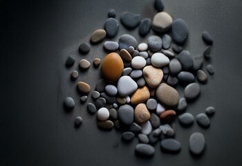 Poster - Smooth river rocks of various sizes and colors lay on a dark background.