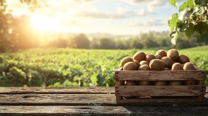 Poster - Wooden crate packed with fresh kiwis resting on a table against a bright green field under a clear sunny sky creating the perfect space for text