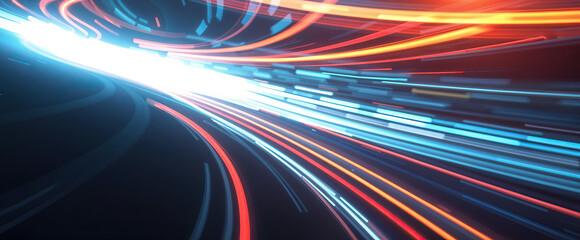 Poster - speeding light trails in blue and orange with motion blur futuristic highway technology concept