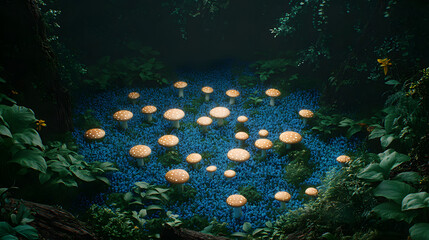 Wall Mural - Lush blue forest area, forest mushroom fairy circle top down view
