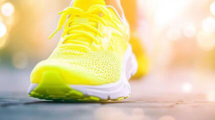 A runner's vibrant shoes strike the trail while enjoying a sunny day outdoors, showcasing motion and energy