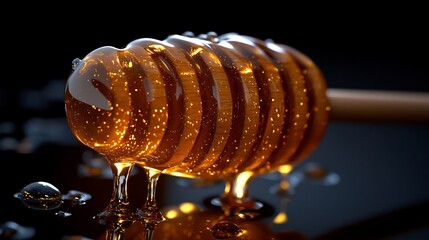 Poster - Wooden honey dipper coated with thick golden honey isolated on a rich black background Honey drips in a slow cascade from the dipper catching light and creating a warm glow