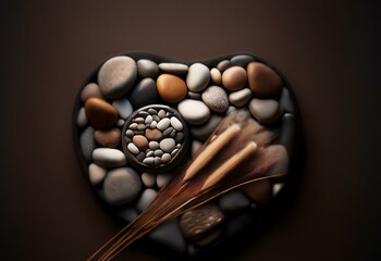 Aufkleber - A heart-shaped arrangement of smooth stones, some brown, some grey, and some white, with a feather emerging from the center.