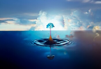 Fototapete - A blue water drop falls into a pool of water, creating a splash and ripples against a backdrop of clouds.