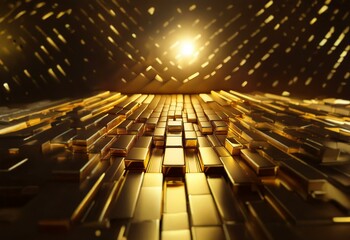 Poster - Golden bars arranged in a pathway, a bright light shines from above.