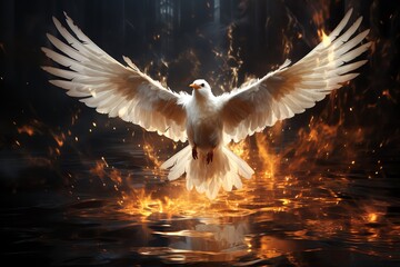 Wall Mural - A white dove with outstretched wings flies over fiery water.