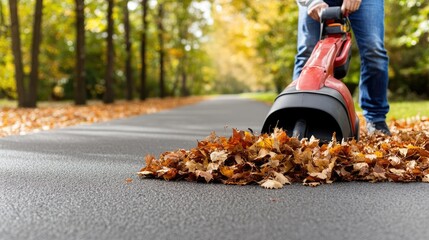 Wall Mural - A person is tidying up fallen autumn leaves with a leaf blower in a tranquil forest on a clear autumn day