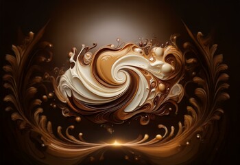 Fototapete - Swirling patterns of brown and cream liquid splash and form abstract shapes against a dark backdrop.